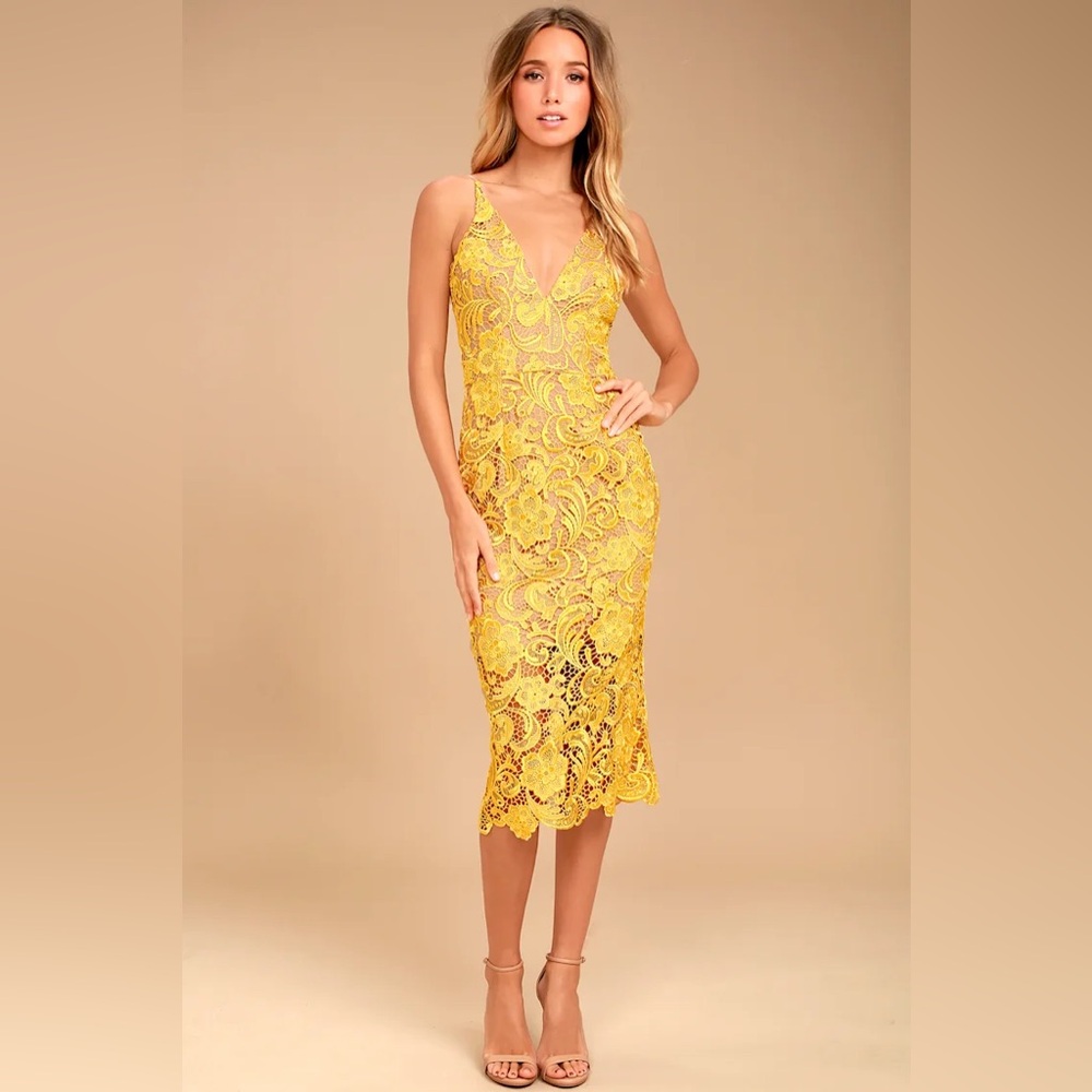 Dress the Population Yellow Lace Midi Dress 💛 Size XS
